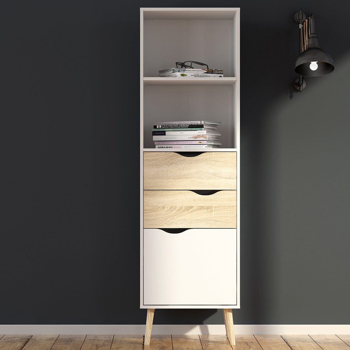 Wooden Bookcase With 1 Door And 2 Drawers - Oslo