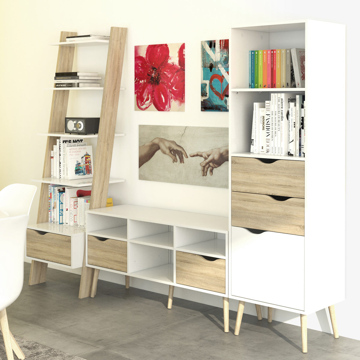 Wooden Bookcase With 1 Drawer in Leaning Ladder Design - Oslo