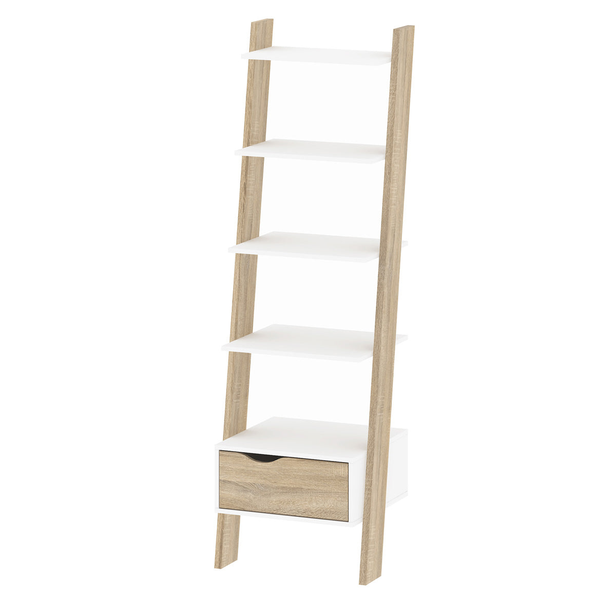 Wooden Bookcase With 1 Drawer in Leaning Ladder Design - Oslo