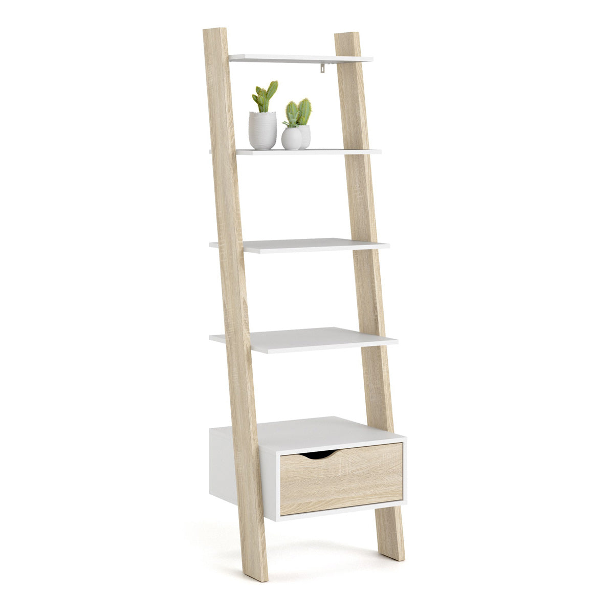 Wooden Bookcase With 1 Drawer in Leaning Ladder Design - Oslo