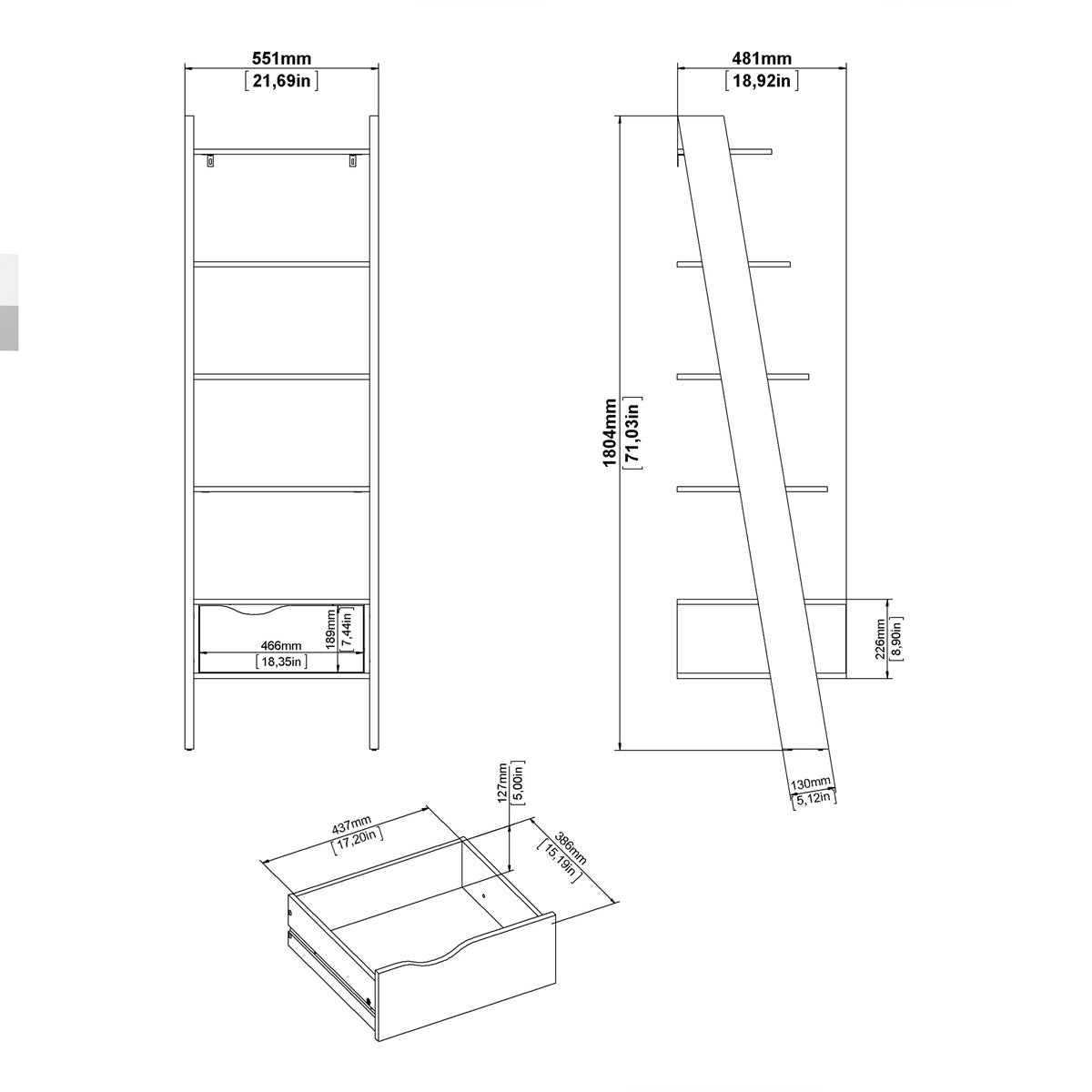Wooden Bookcase With 1 Drawer in Leaning Ladder Design - Oslo