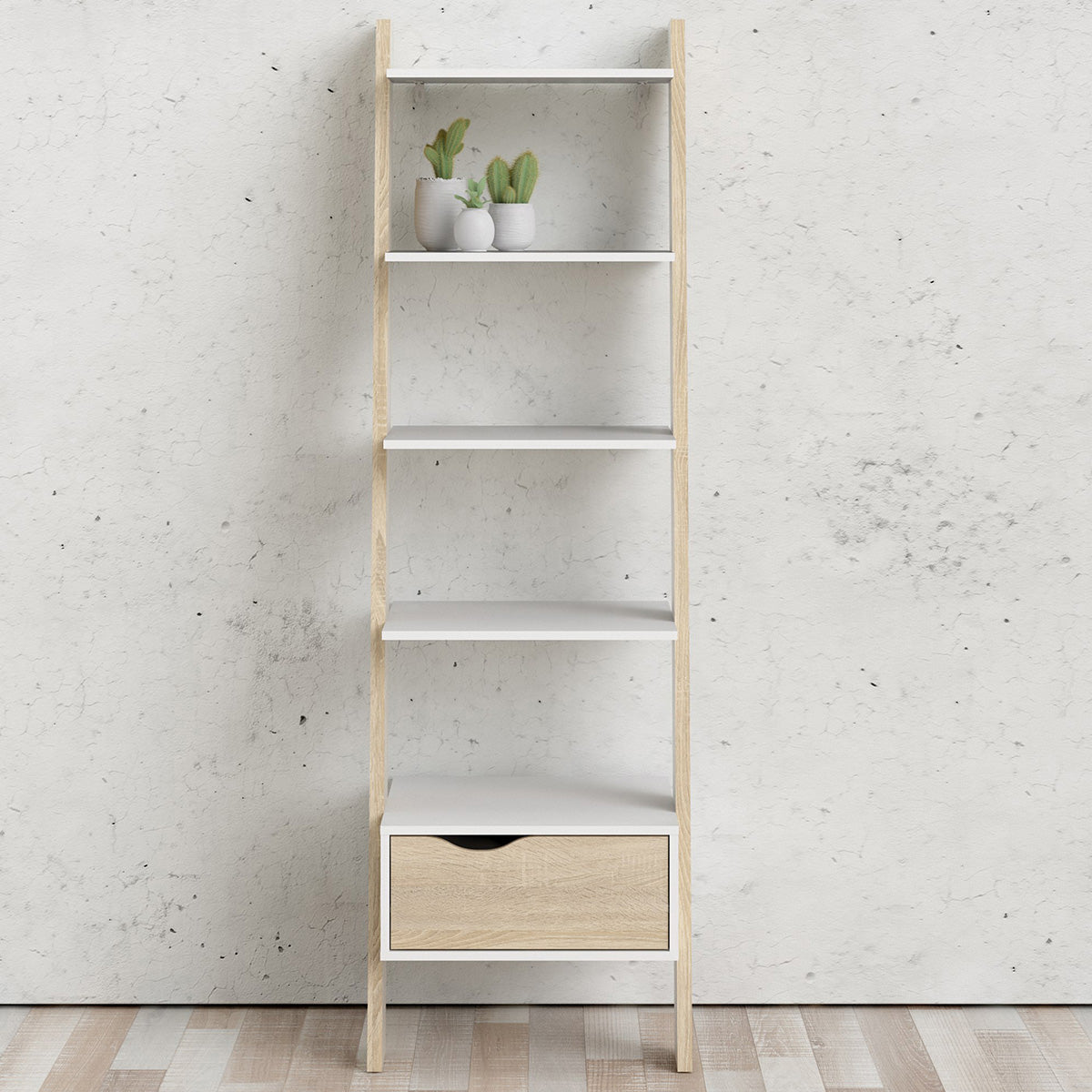 Wooden Bookcase With 1 Drawer in Leaning Ladder Design - Oslo