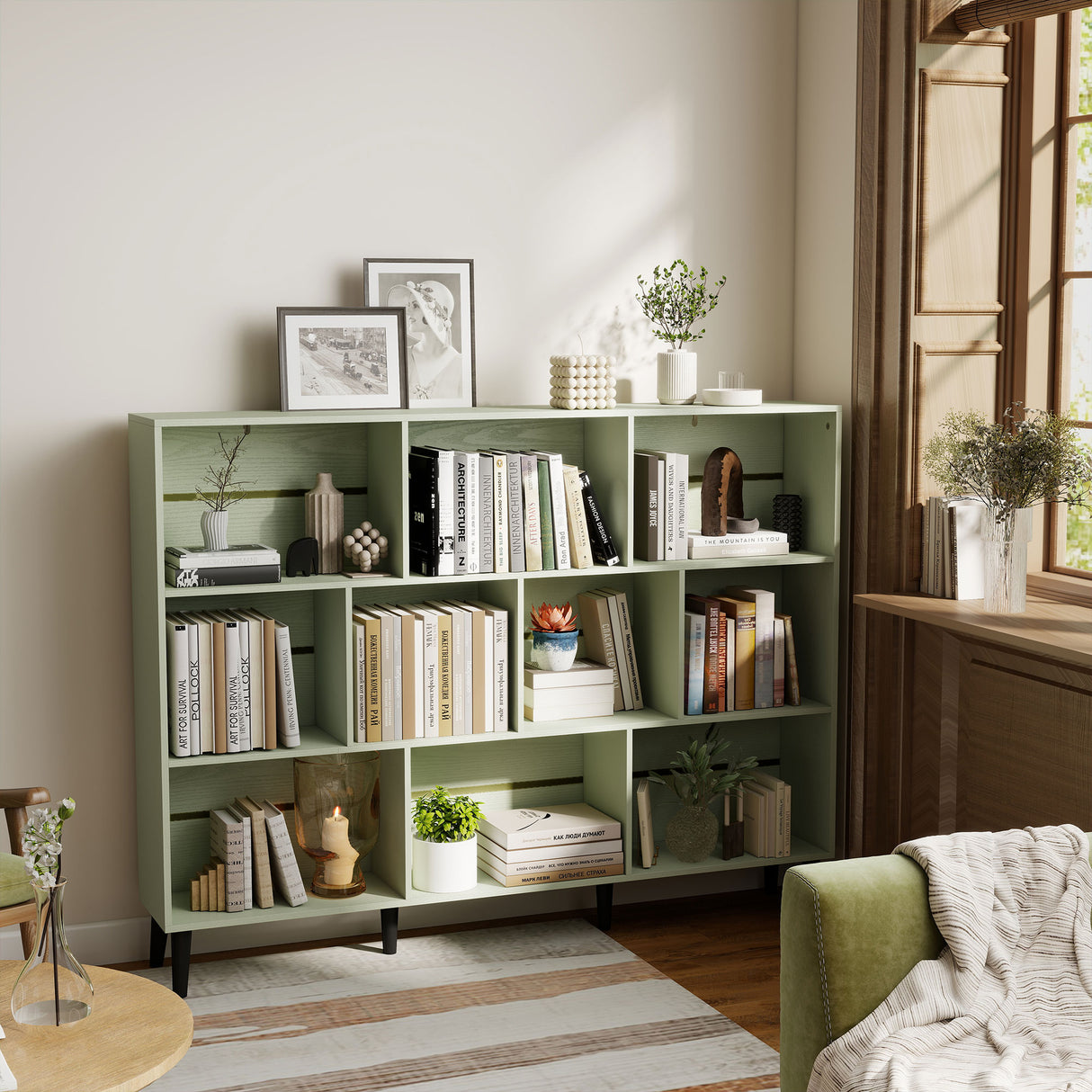 Wooden Bookcase 140cm Wide With 10 Compartments - Velmora