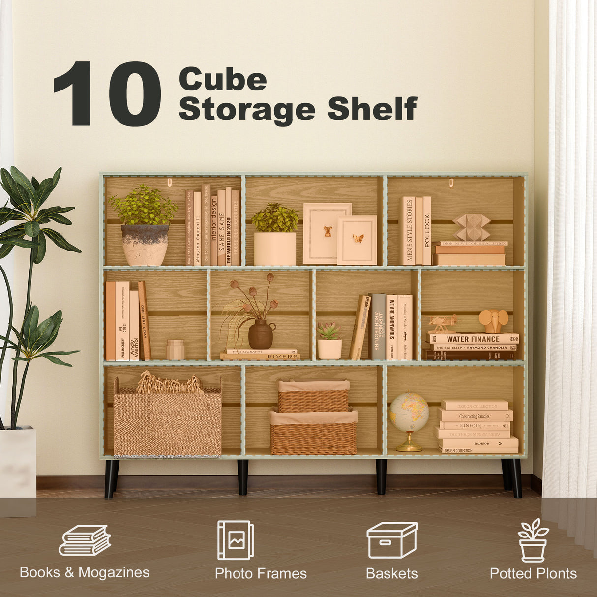 Wooden Bookcase 140cm Wide With 10 Compartments - Velmora