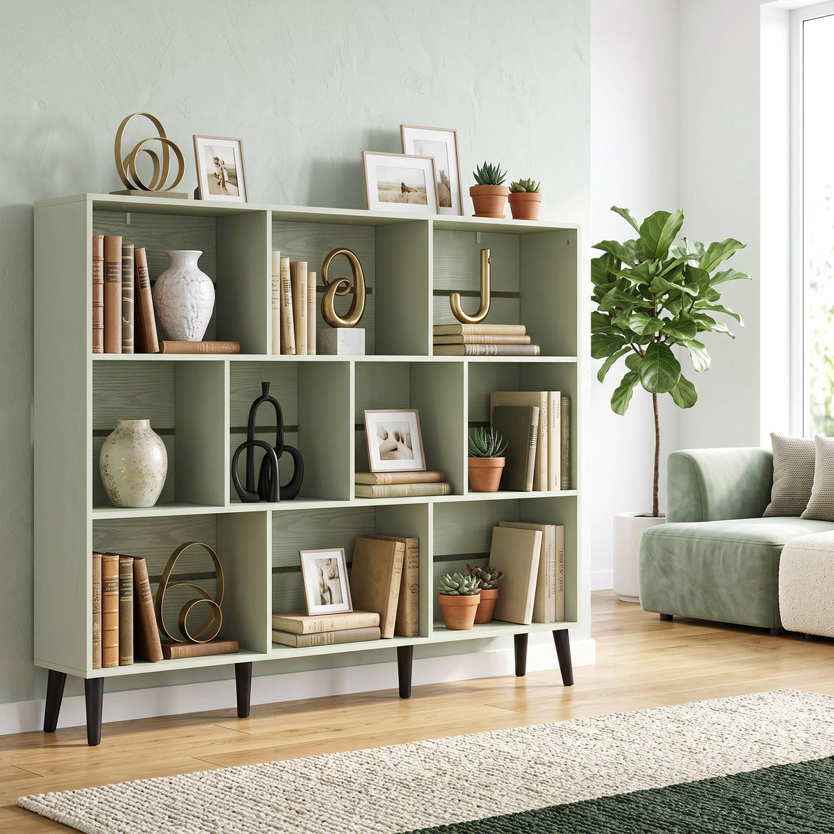 Wooden Bookcase 140cm Wide With 10 Compartments - Velmora