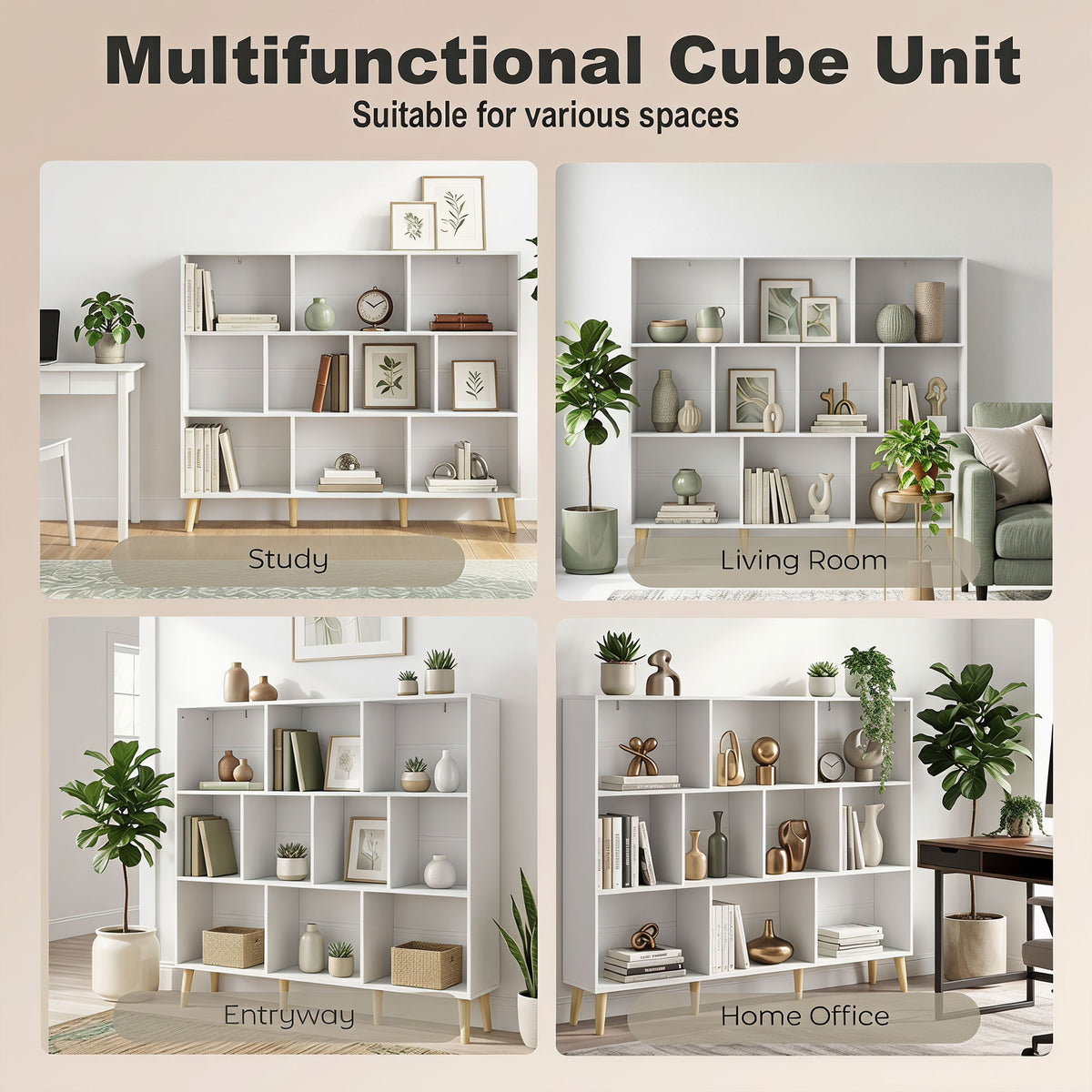 Wooden Bookcase 140cm Wide With 10 Compartments - Velmora