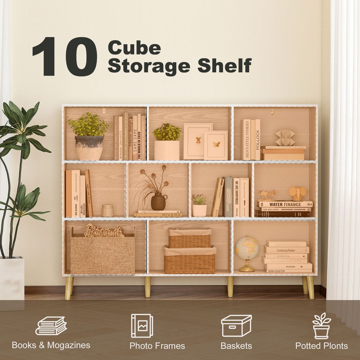 Wooden Bookcase 140cm Wide With 10 Compartments - Velmora