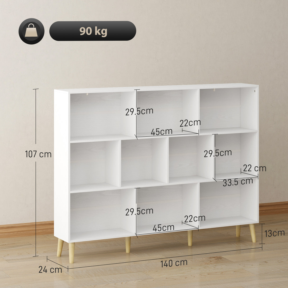 Wooden Bookcase 140cm Wide With 10 Compartments - Velmora