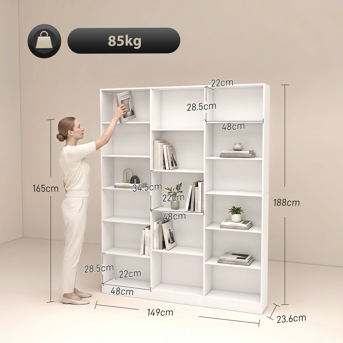 Wooden Bookcase 149cm Wide With 17 Compartments - Velmora