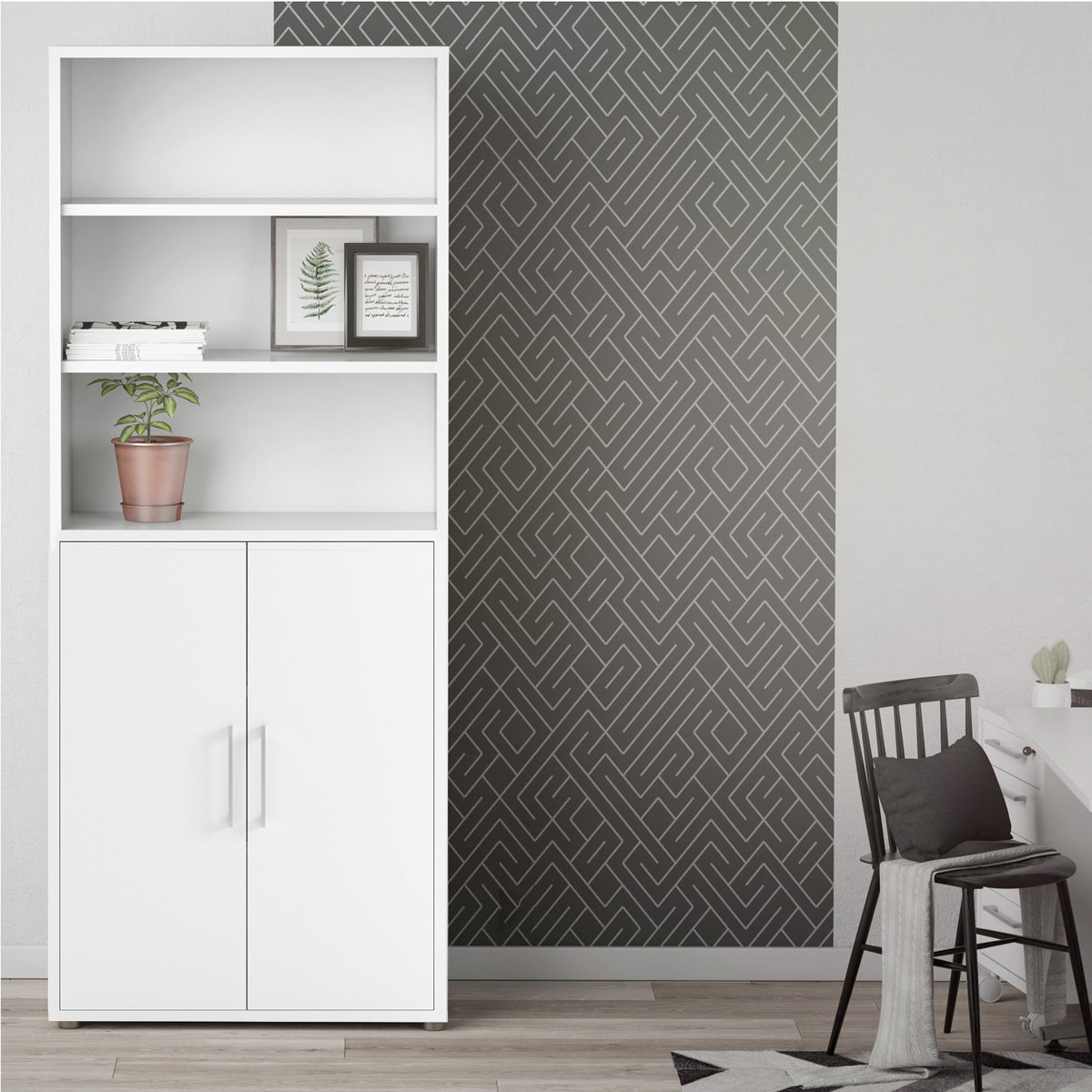 Wooden Bookcase With 2 Doors And 4 Open Shelves - Prima