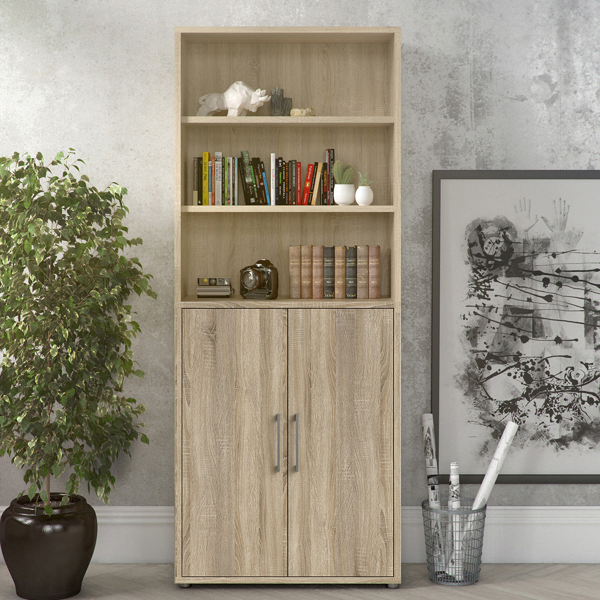 Wooden Bookcase With 2 Doors And 4 Open Shelves - Prima