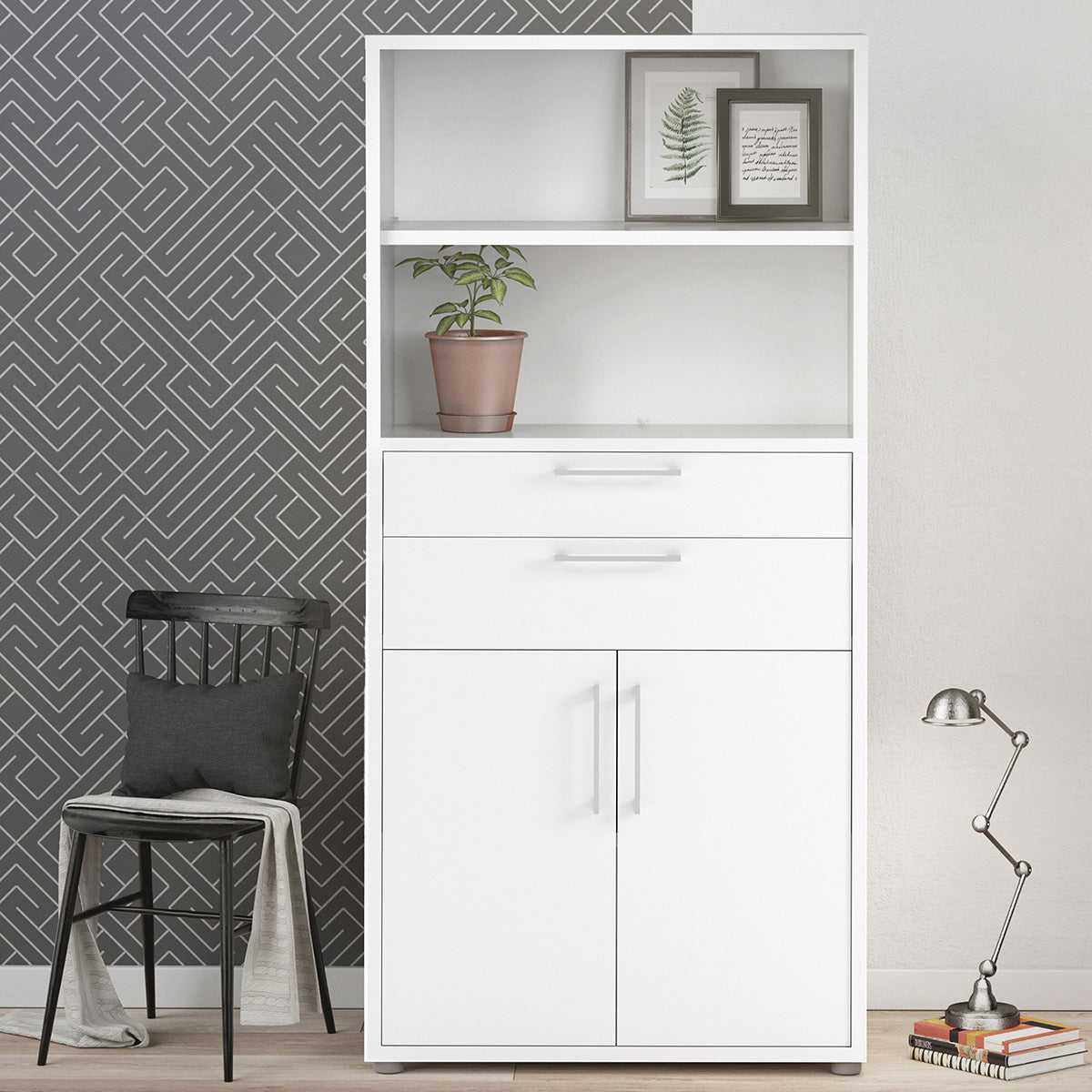 Wooden Bookcase With 2 Open Shelves 2 Doors And 2 Drawers - Prima