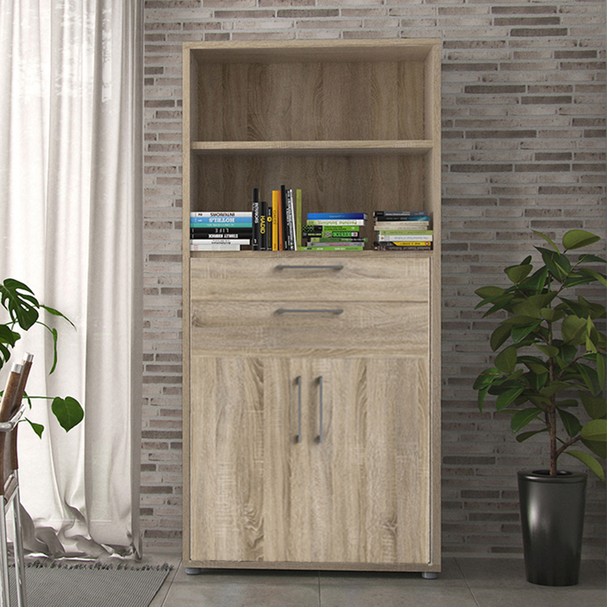 Wooden Bookcase With 2 Open Shelves 2 Doors And 2 Drawers - Prima