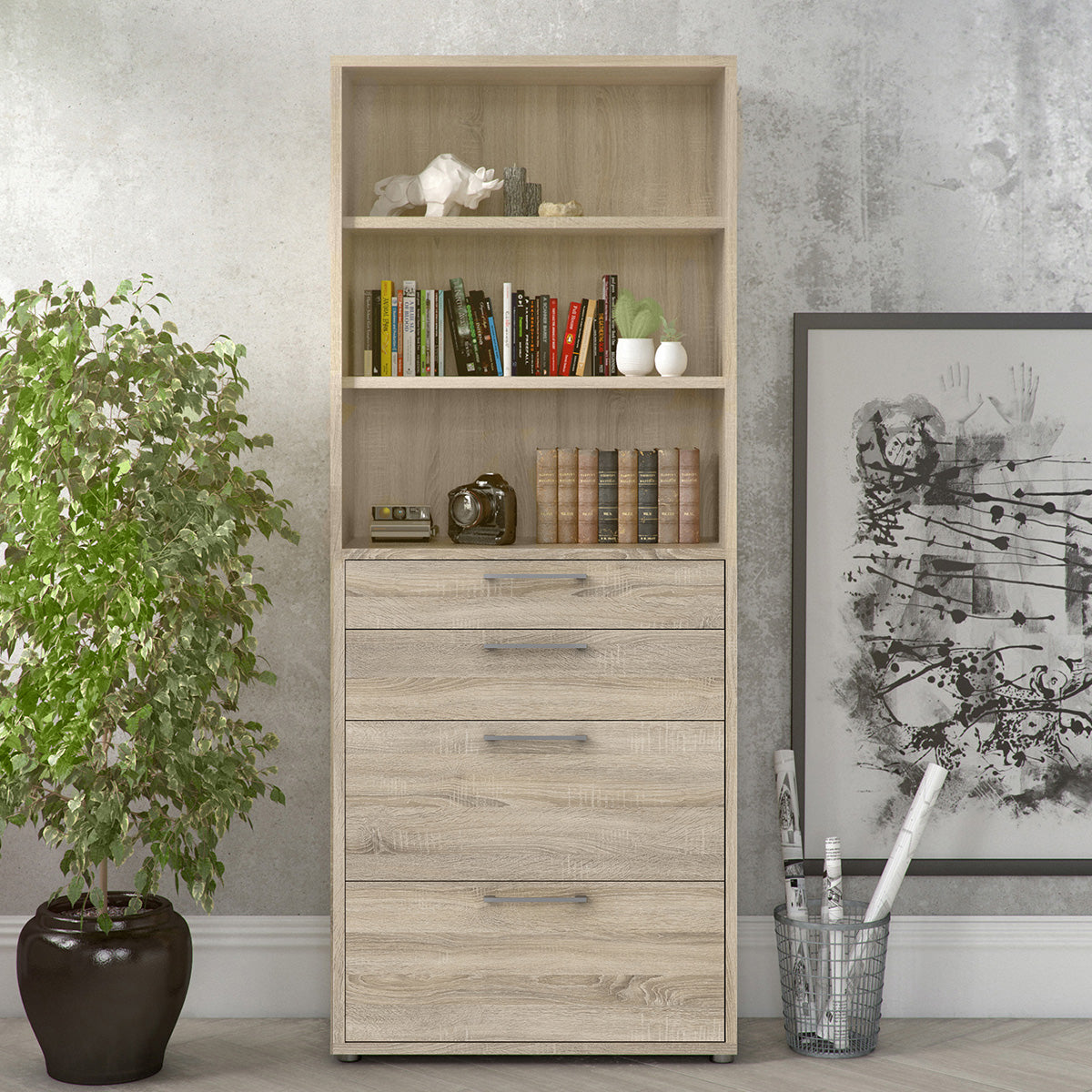 Wooden Bookcase With 2 Open Shelves 2 Drawers And 2 File Drawers - Prima