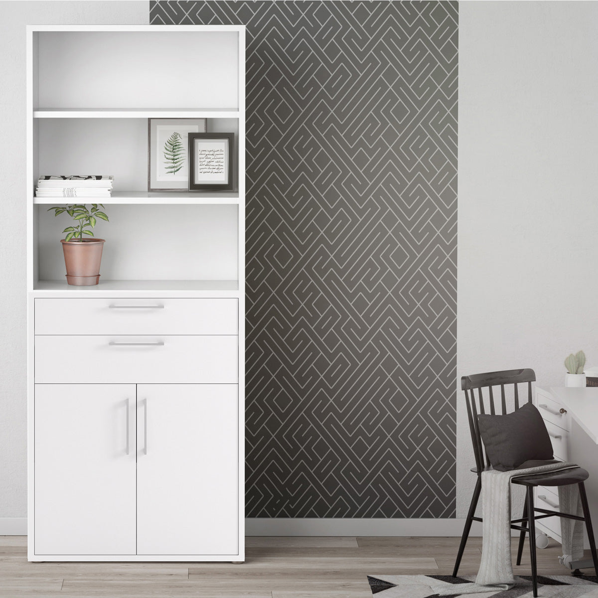 Wooden Bookcase With 3 Open Shelves 2 Doors And 2 Drawers - Prima