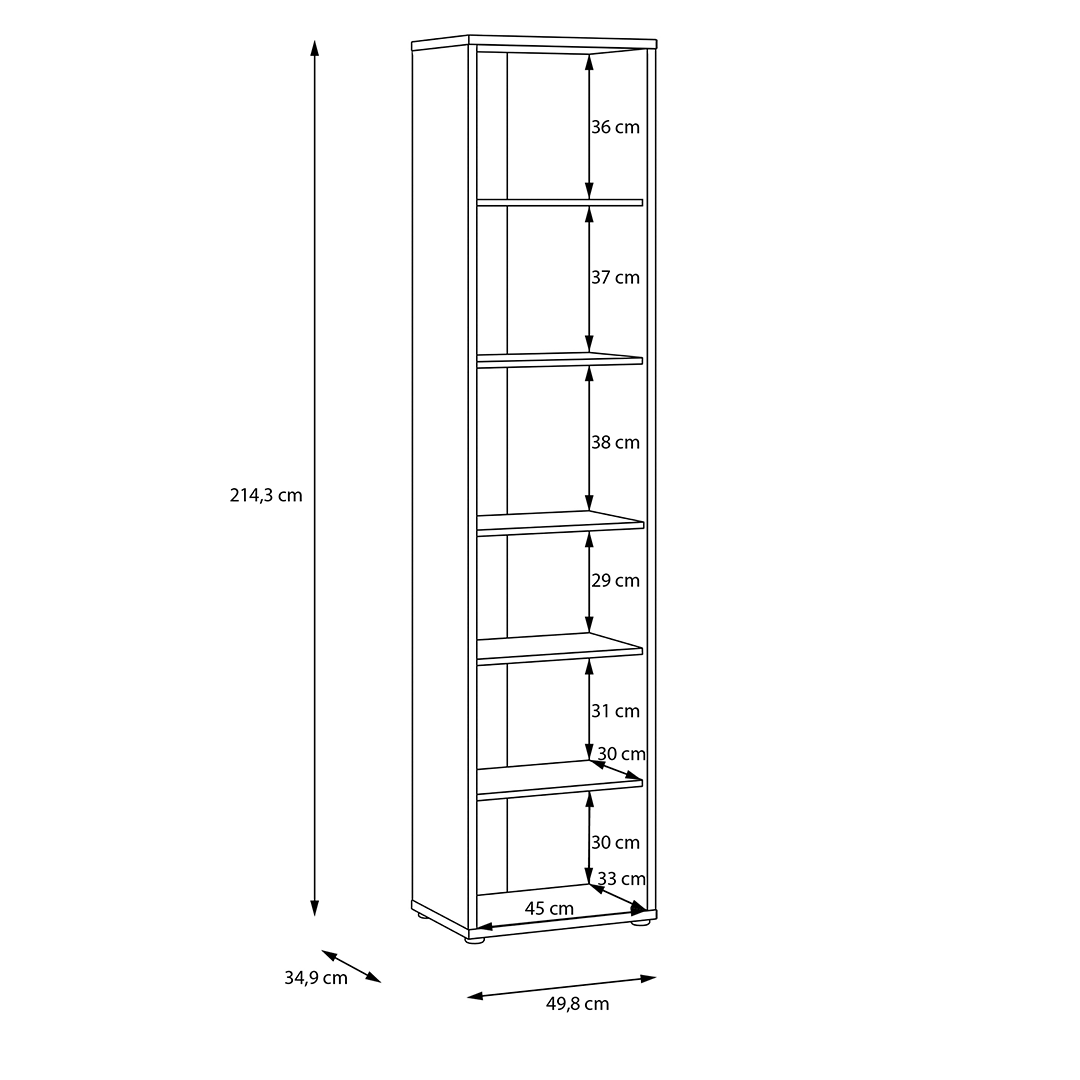 Wooden Bookcase With 5 Shelves Tall And Narrow - Alice Springs