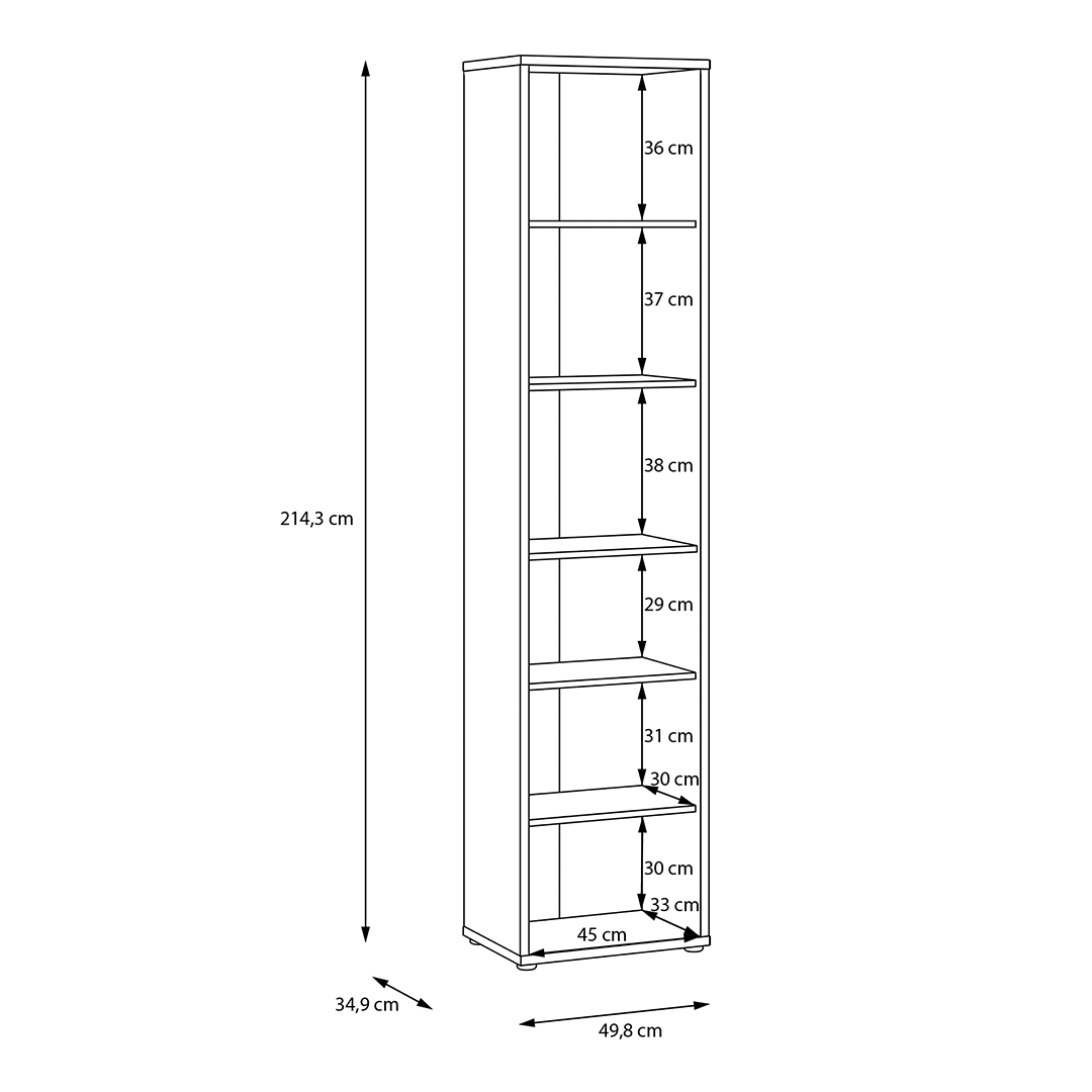 Wooden Bookcase With 5 Shelves Tall And Narrow - Alice Springs