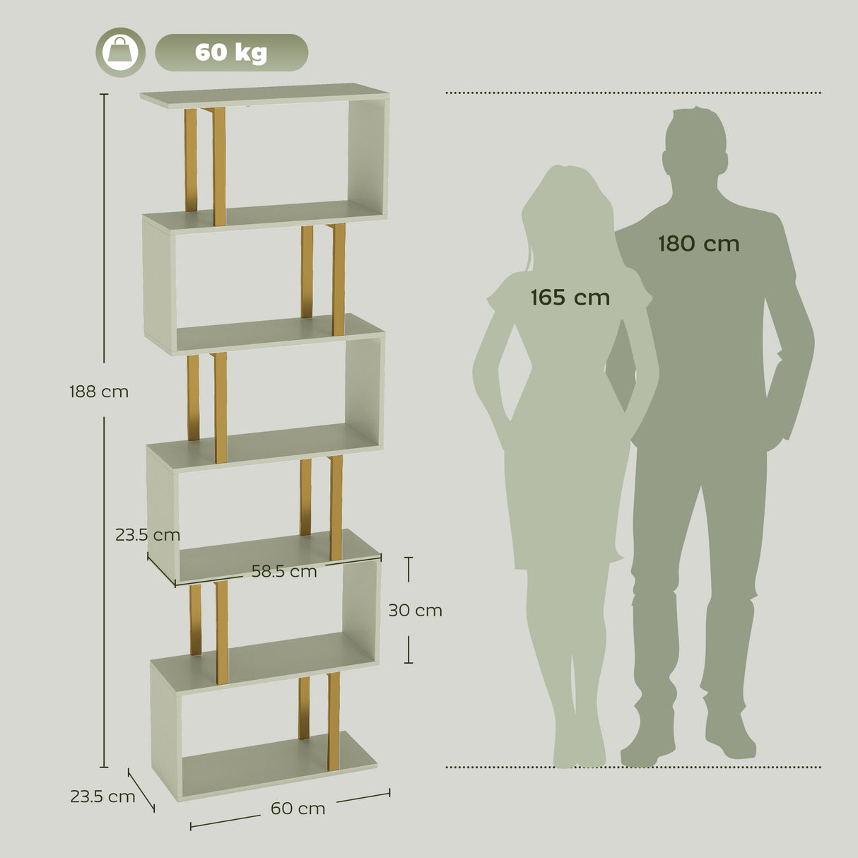 Wooden Bookcase 60cm Wide S-Shaped With 6 Shelves - Velmora