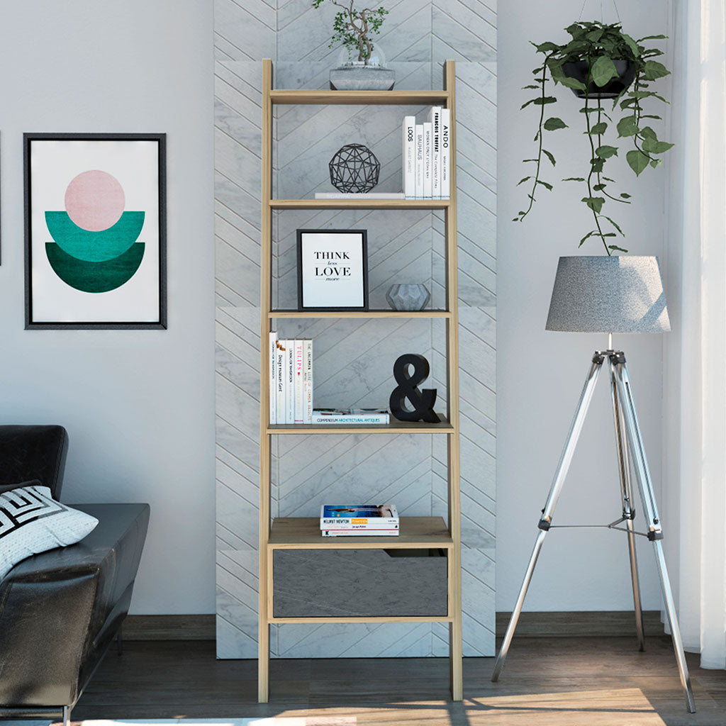 Wooden Bookcase Ladder Design With 1 Drawer - Manhattan