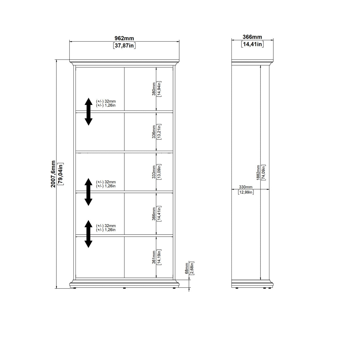 Wooden Bookcase Tall With 4 Shelves - Paris