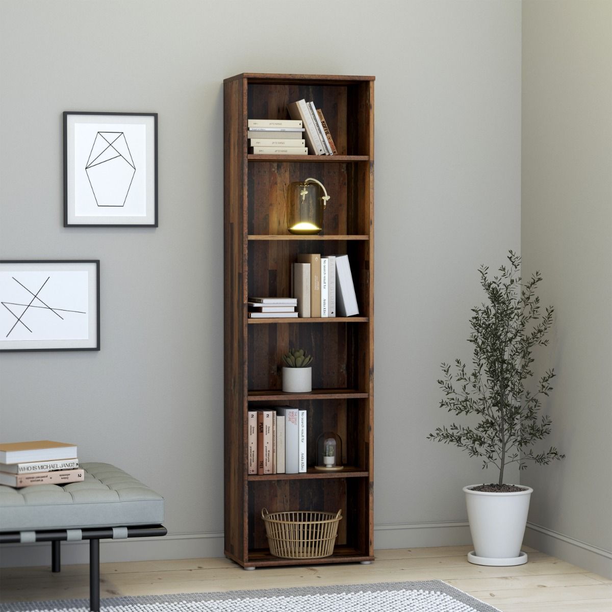 Wooden Bookcase Tall And Narrow With 5 Shelves - Essential