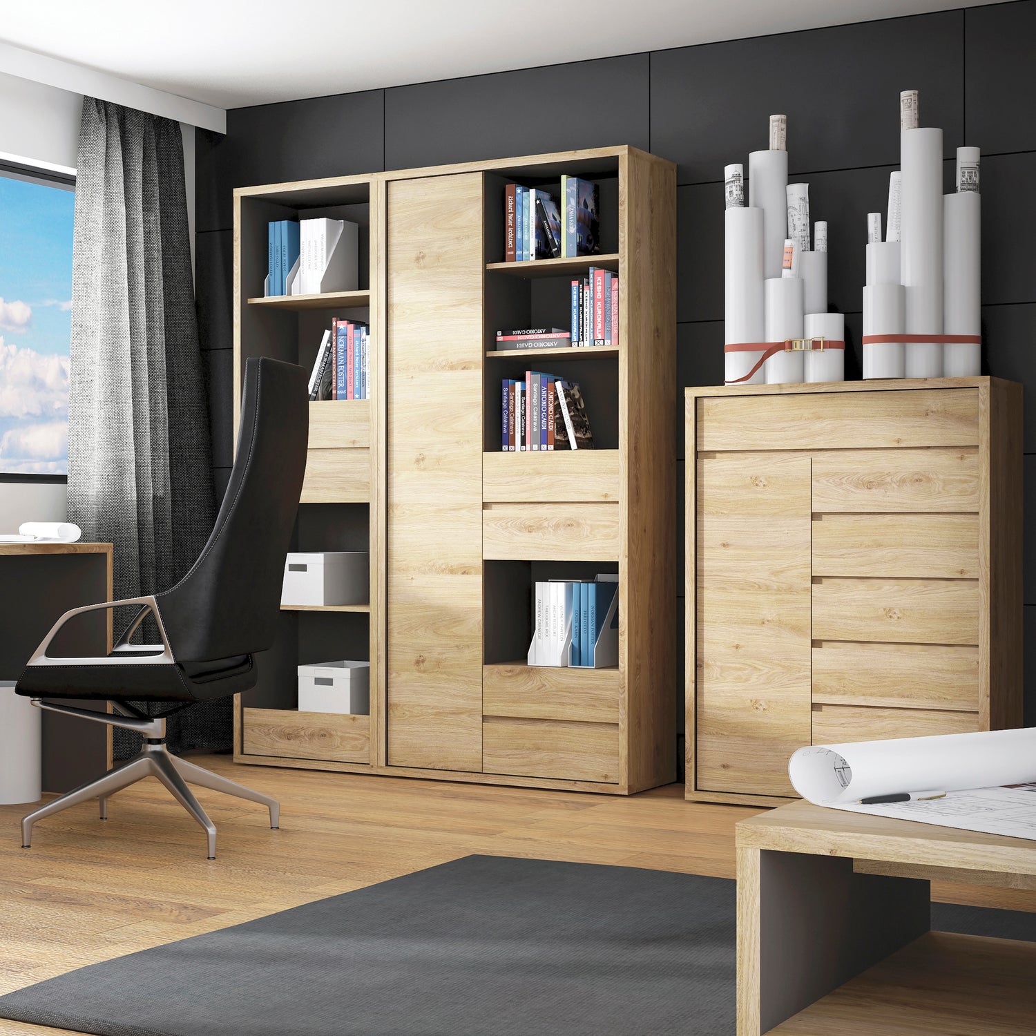Wooden Bookcase Tall And Wide With 1 Door And 4 Drawers - Shetland