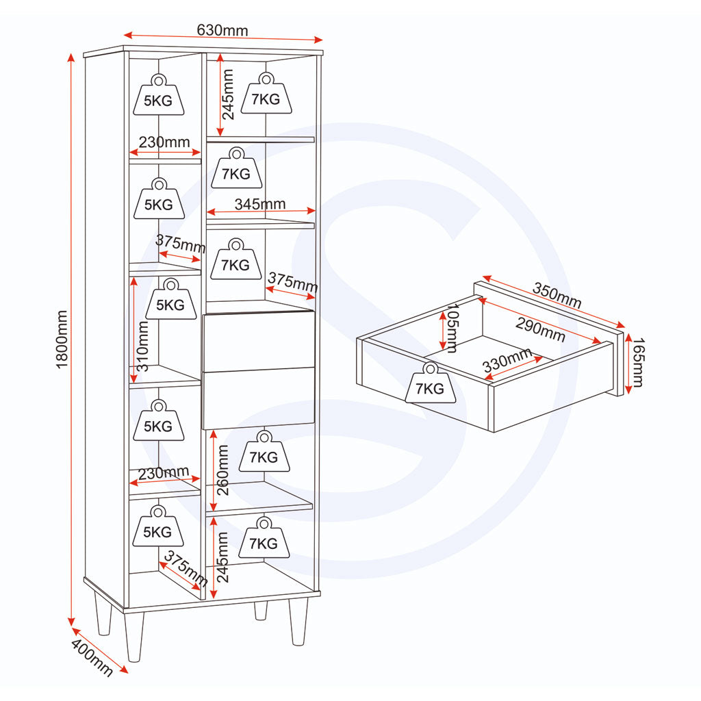 Wooden Bookcase With 1 Door And 2 Drawers - Tessa
