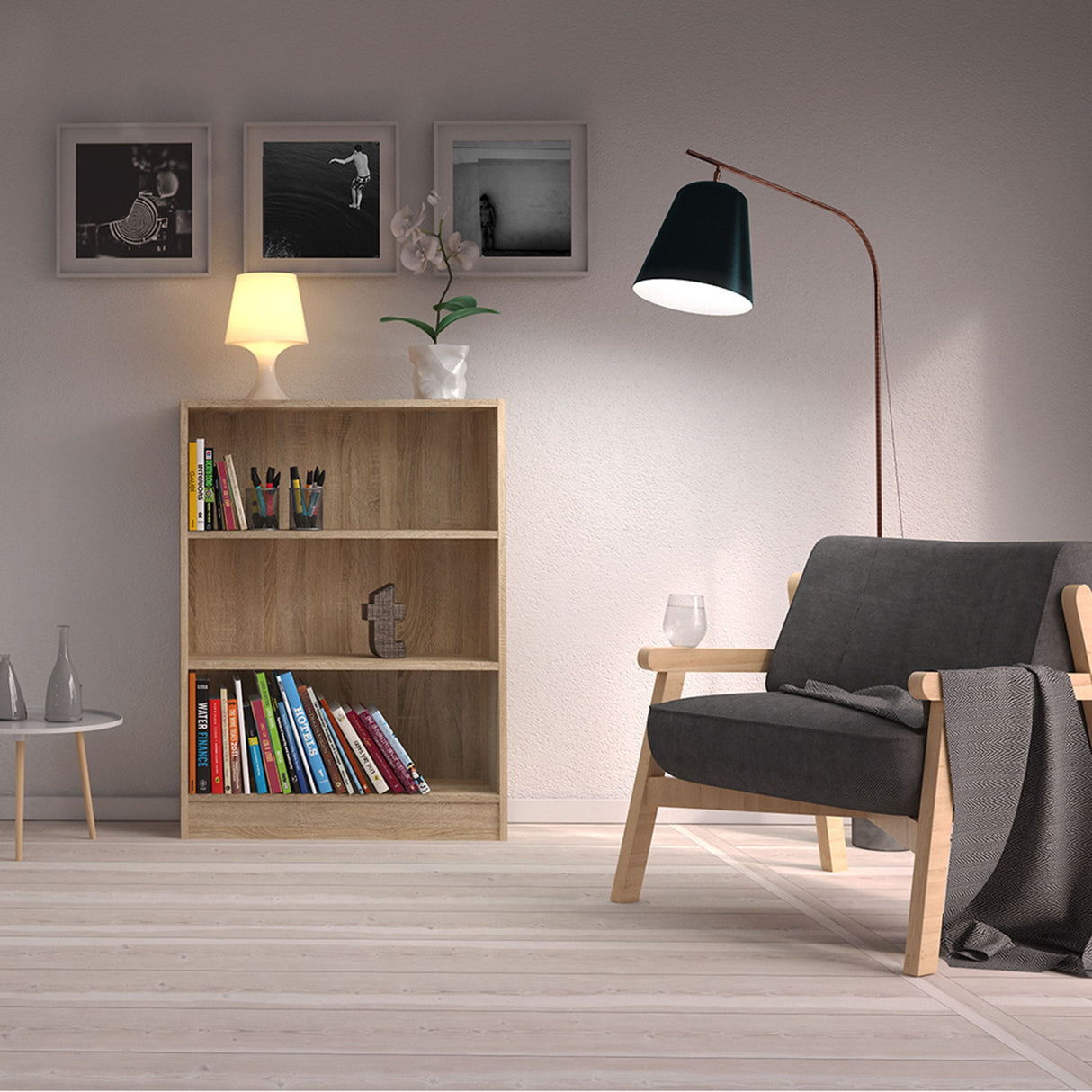 Wooden Bookcase With 2 Shelves Low And Wide - Basic