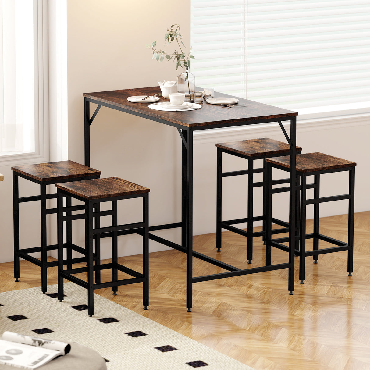 Wooden Breakfast Kitchen Bar Table And 4 Stools - Velmora