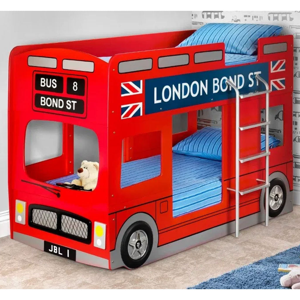 Wooden Bunk Bed With Metal Ladder - London Bus
