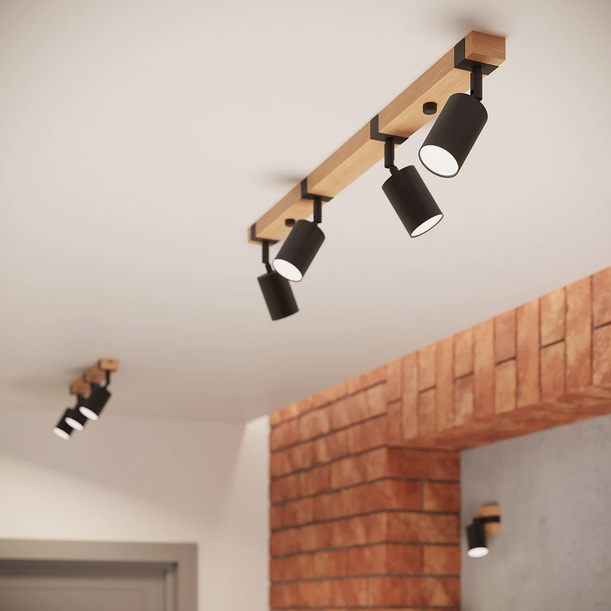 Wooden Ceiling Light With 2 Fager Lamps in Natural Wood - Peach Puff