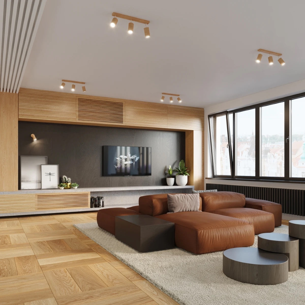 Wooden Ceiling Light With 3 Berg Lamps - Peach Puff