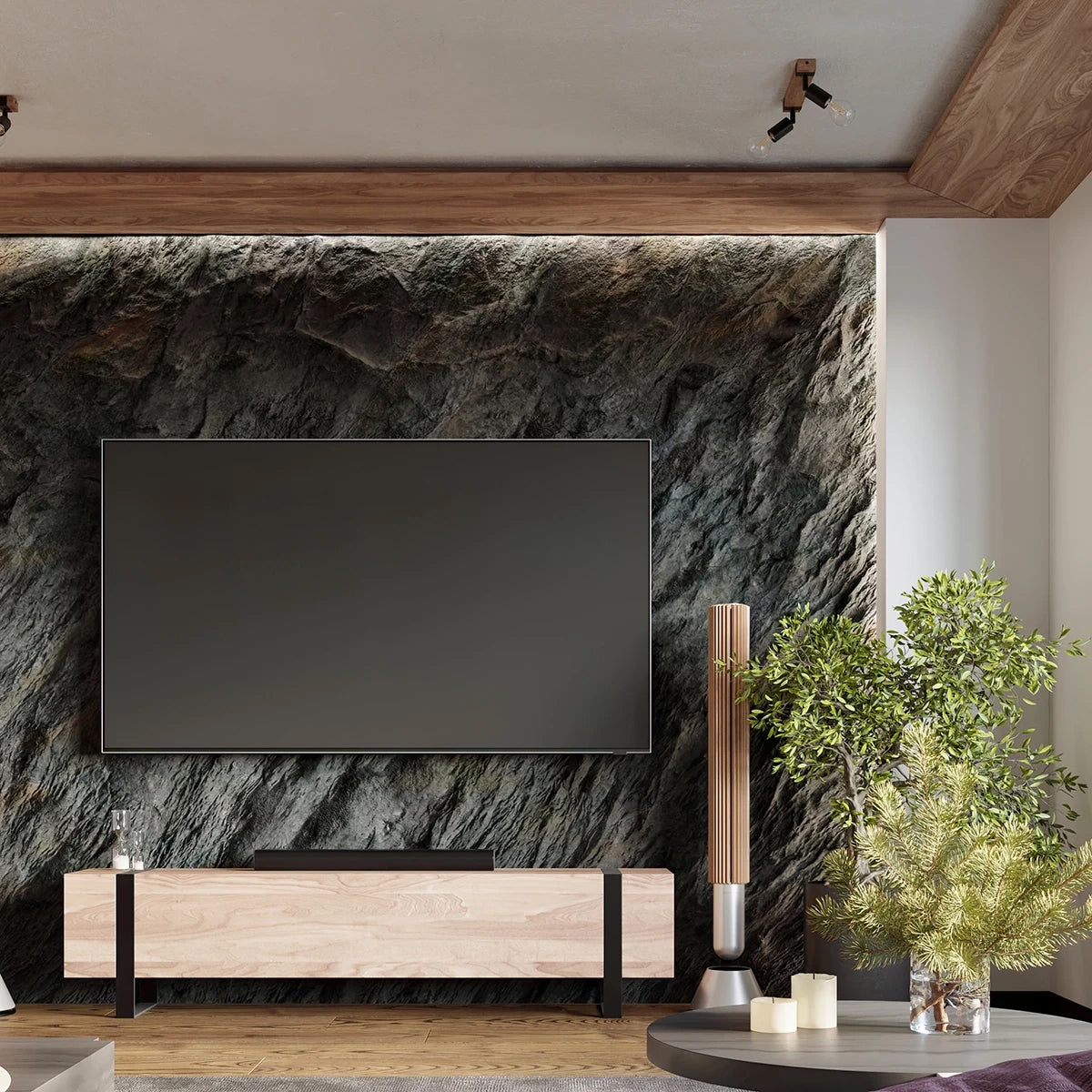 Wooden Ceiling Light With 3 Zuca Lamps in Natural Wood - Peach Puff