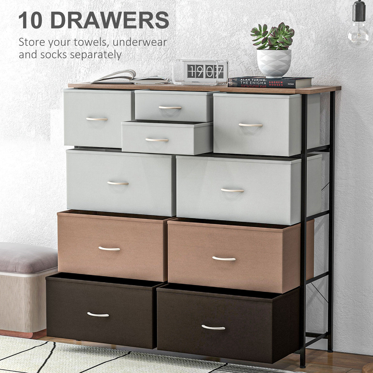 Wooden Chest Of 10 Fabric Drawers 100cm Wide With Steel Frame - Velmora