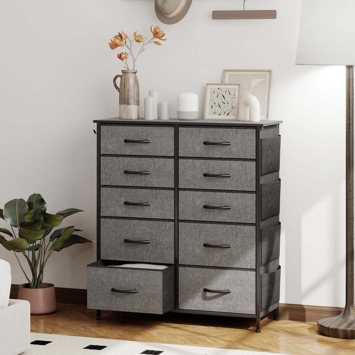 Wooden Chest Of 10 Fabric Drawers 86cm Wide With Steel Frame - Velmora