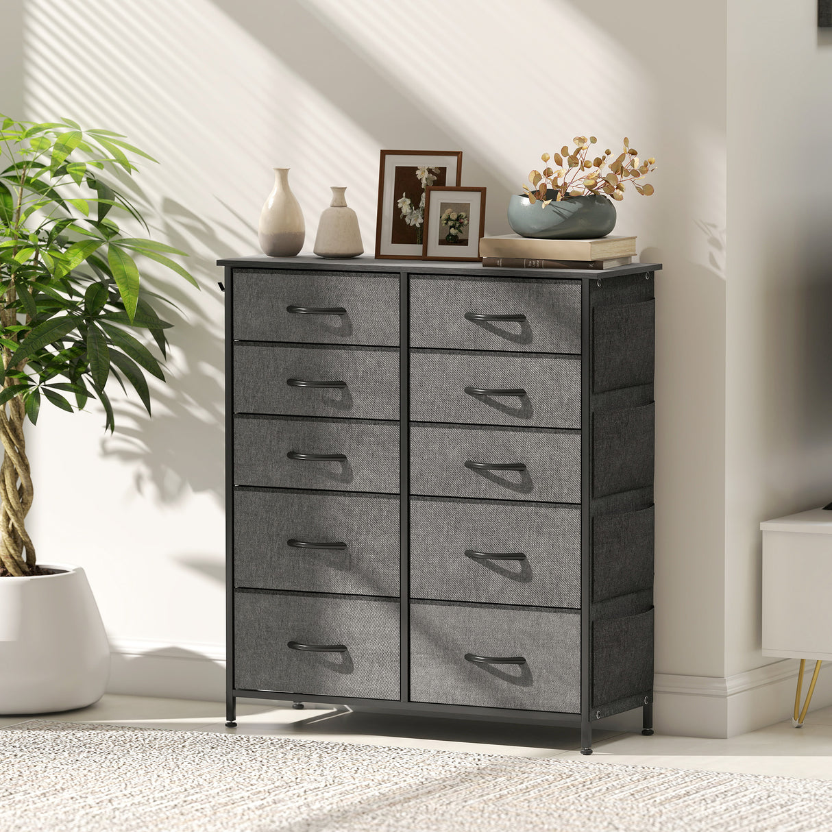 Wooden Chest Of 10 Fabric Drawers 86cm Wide With Steel Frame - Velmora