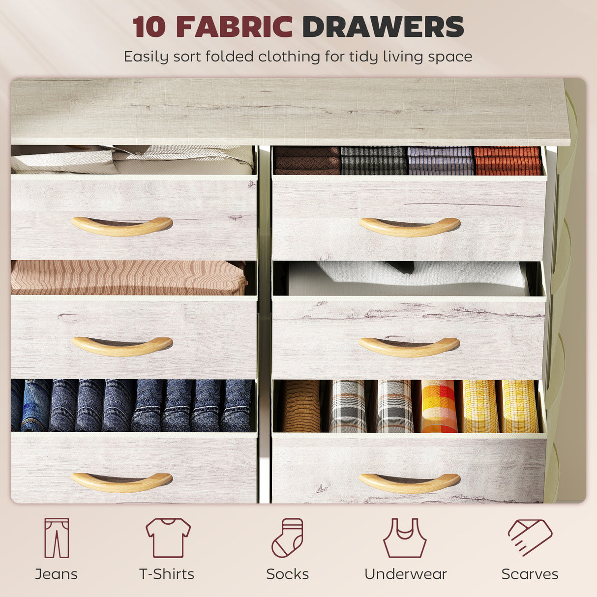 Wooden Chest Of 10 Fabric Drawers 86cm Wide With Steel Frame - Velmora