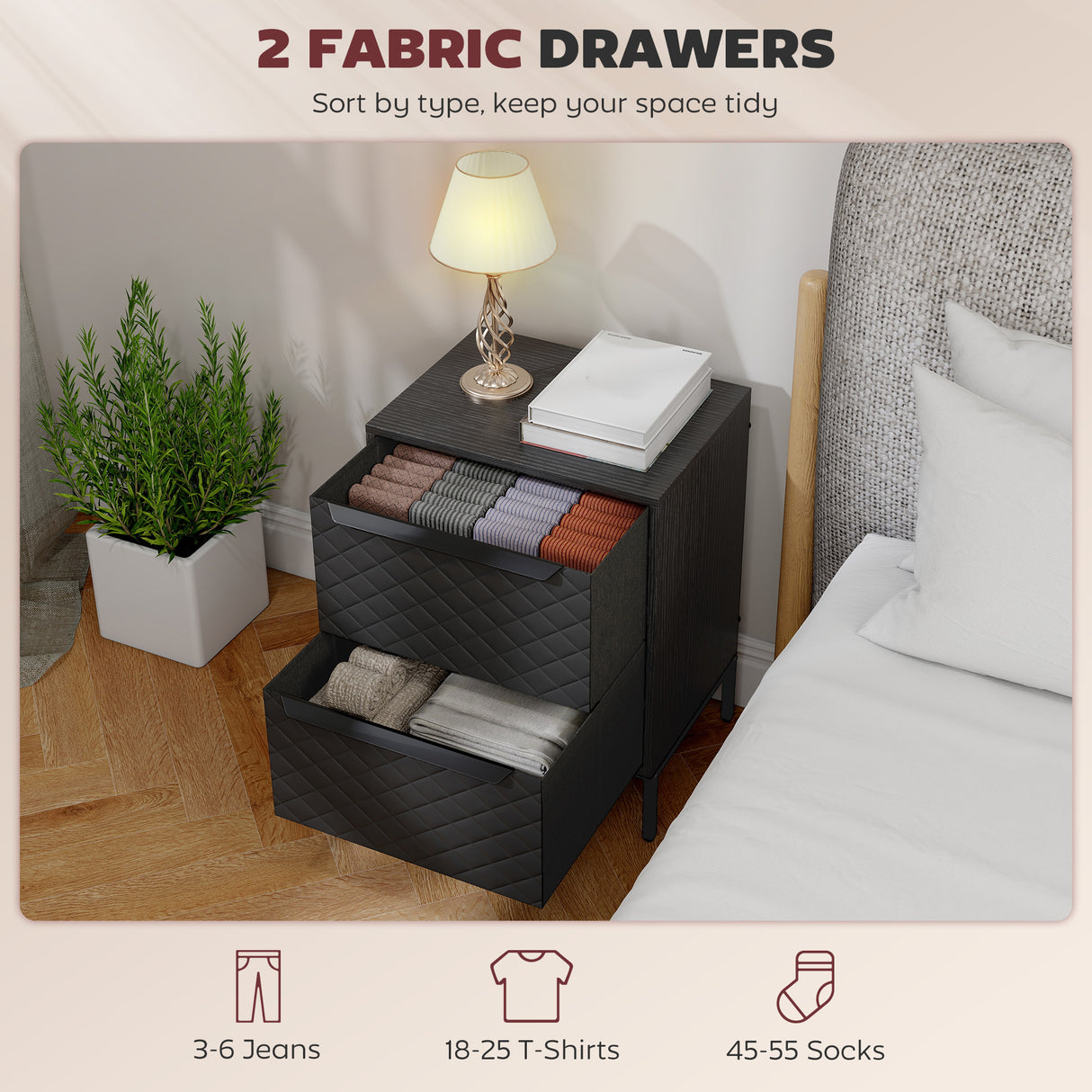 Wooden Chest Of 2 Fabric Drawers 40cm Wide - Velmora