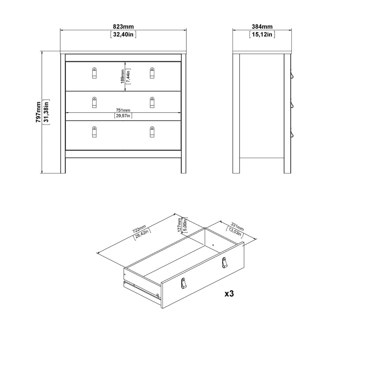 Wooden Chest Of 3 Drawers - Barcelona