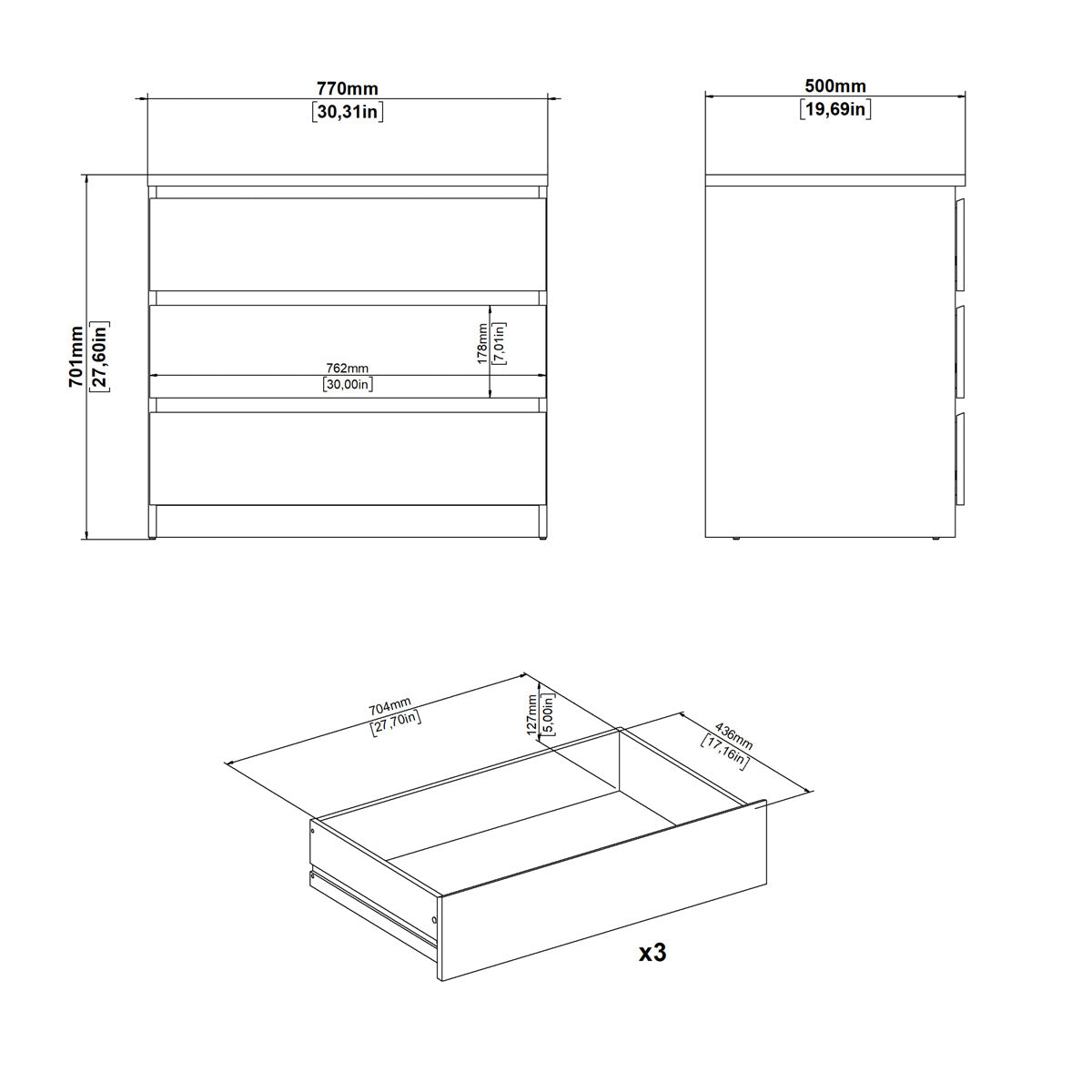Wooden Chest Of 3 Drawers - Naia