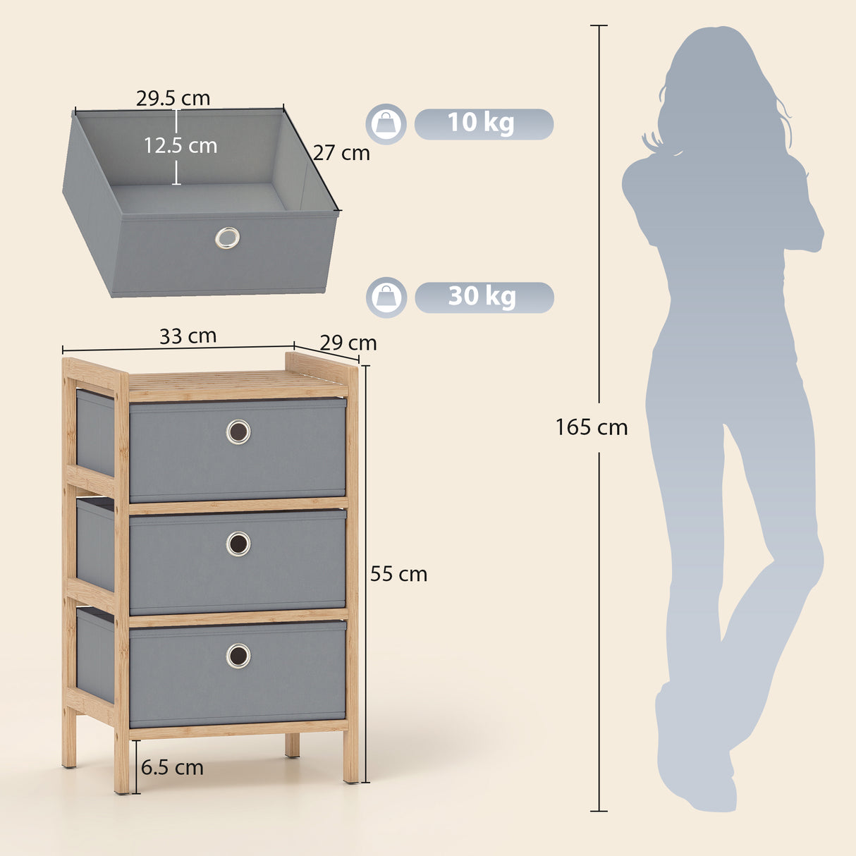Wooden Chest Of 3 Fabric Drawers 33cm Wide - Velmora