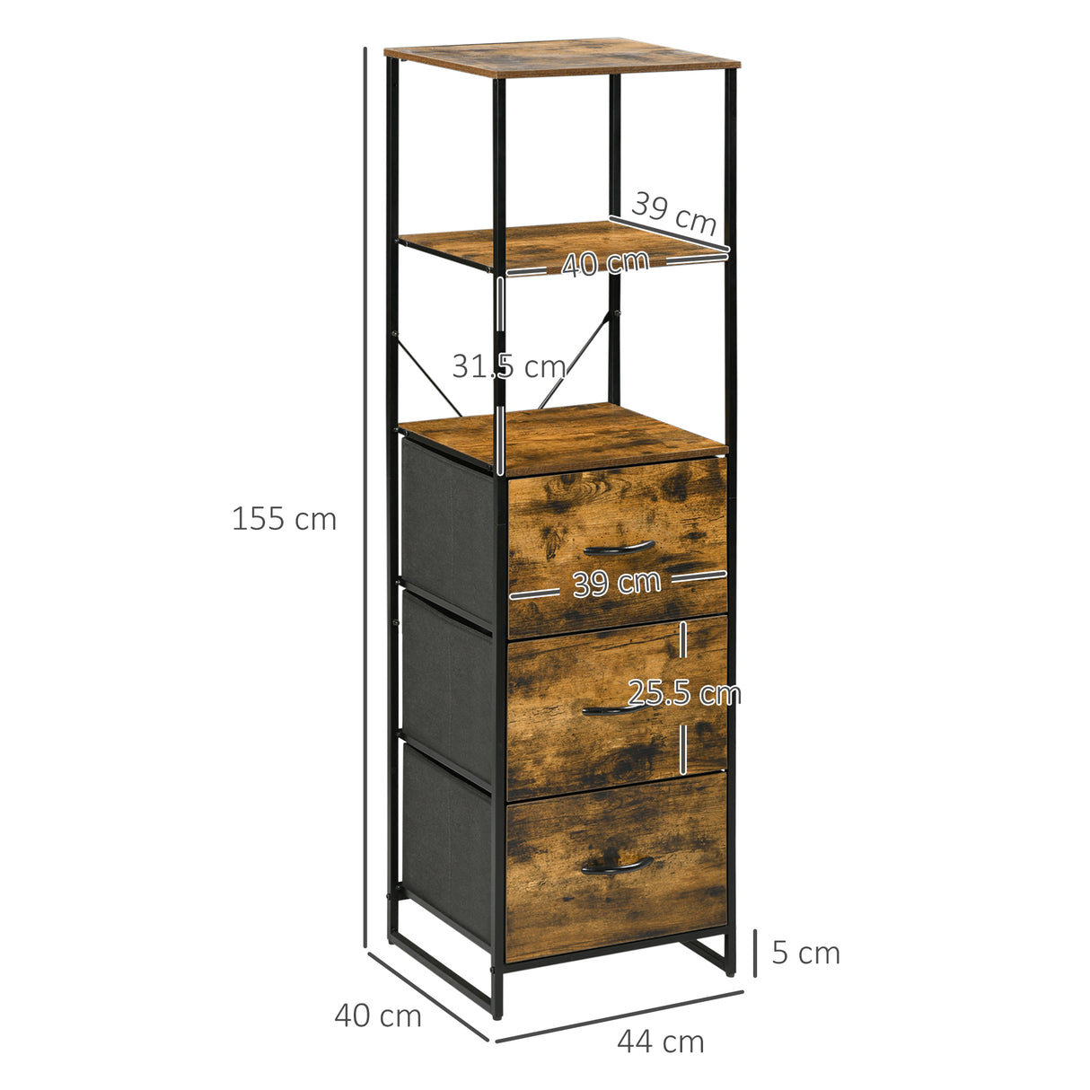 Wooden Chest Of 3 Fabric Drawers 44cm Wide With Steel Frame - Velmora