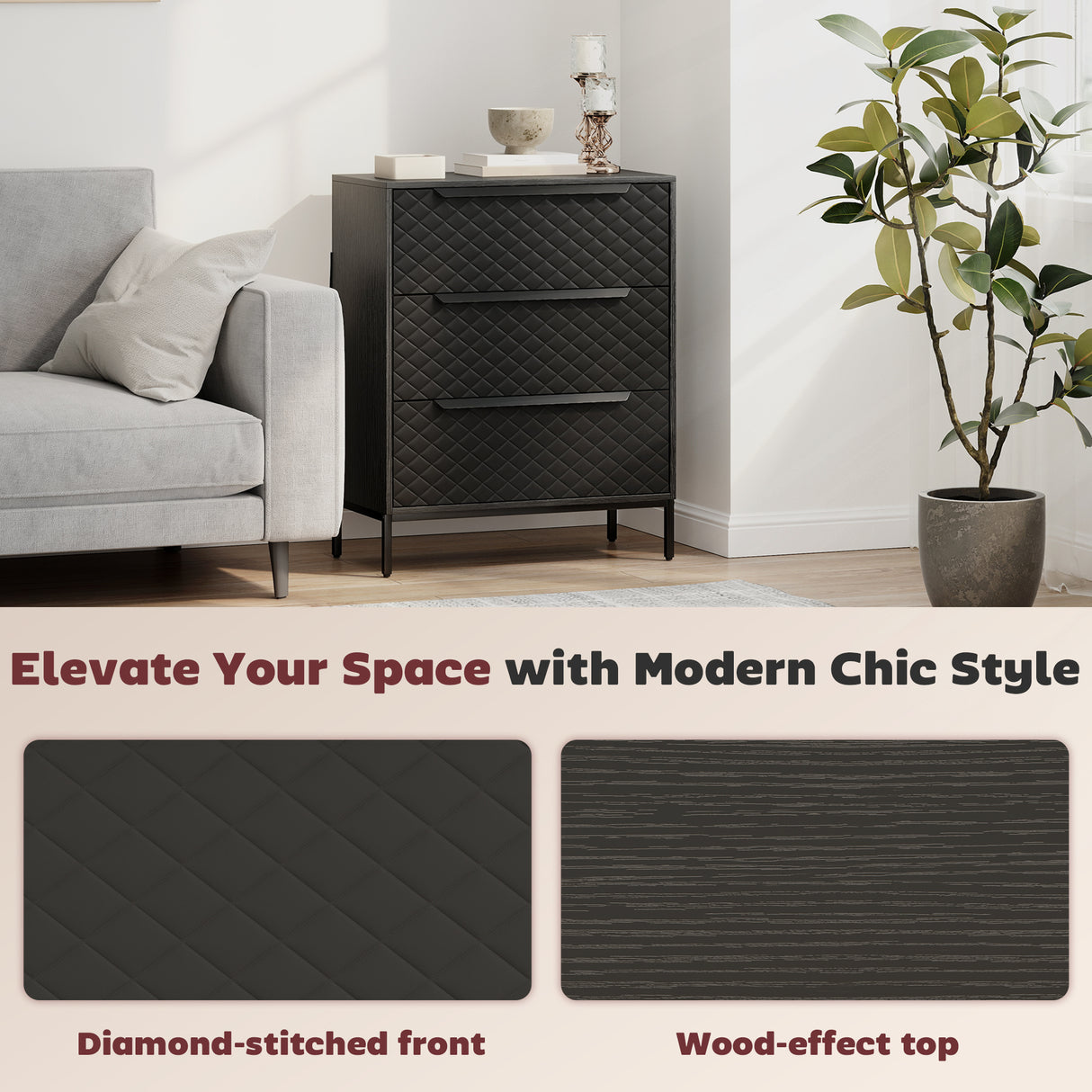 Wooden Chest Of 3 Fabric Drawers 59.5cm Wide - Velmora
