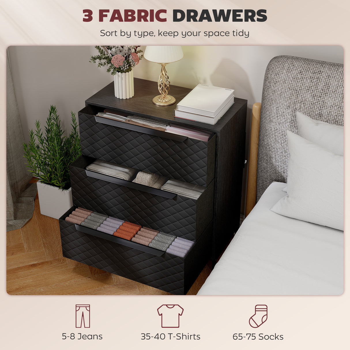 Wooden Chest Of 3 Fabric Drawers 59.5cm Wide - Velmora