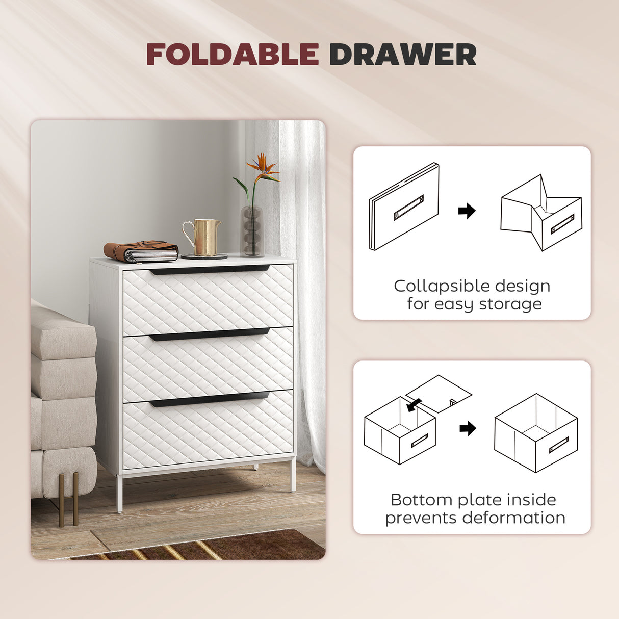 Wooden Chest Of 3 Fabric Drawers 59.5cm Wide - Velmora