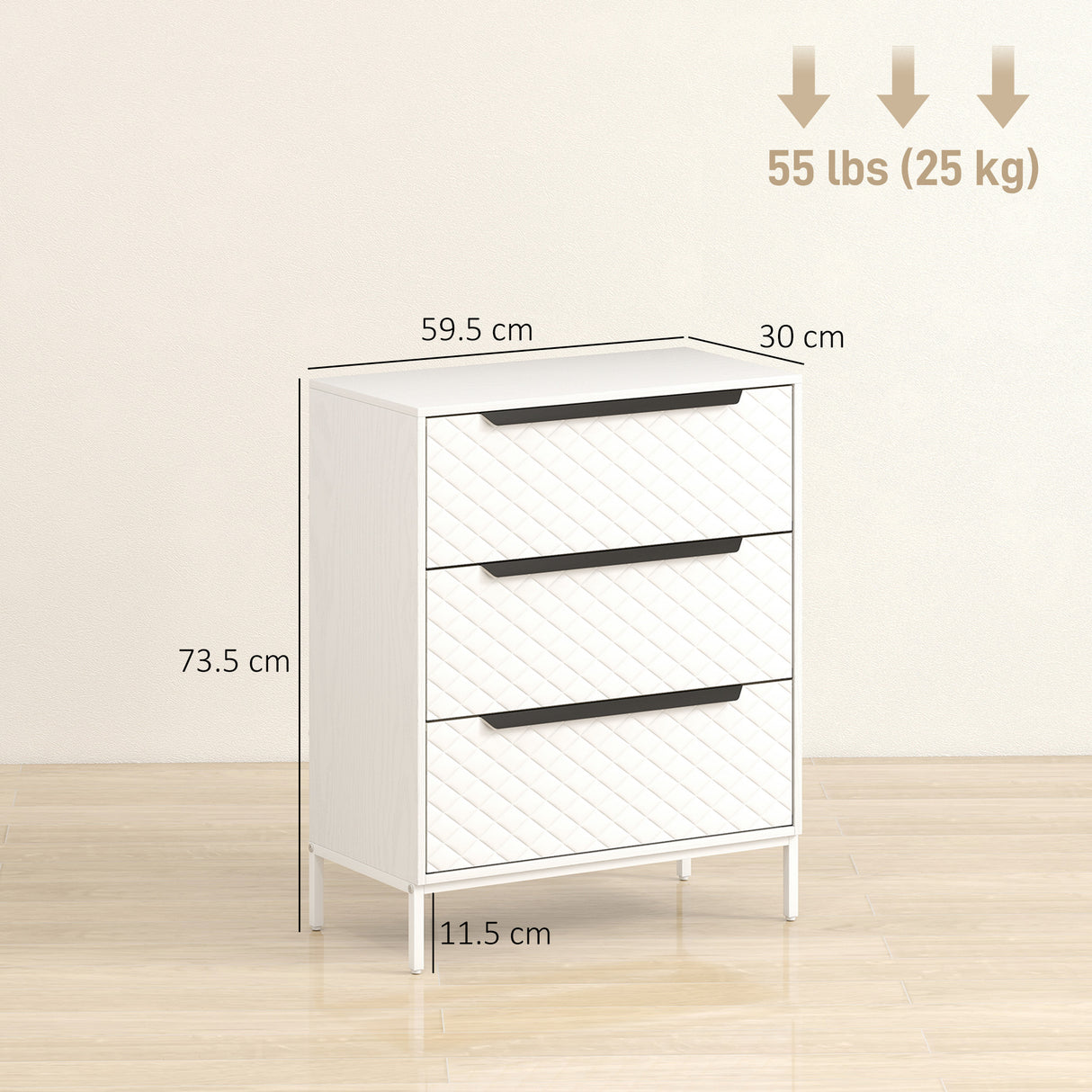 Wooden Chest Of 3 Fabric Drawers 59.5cm Wide - Velmora