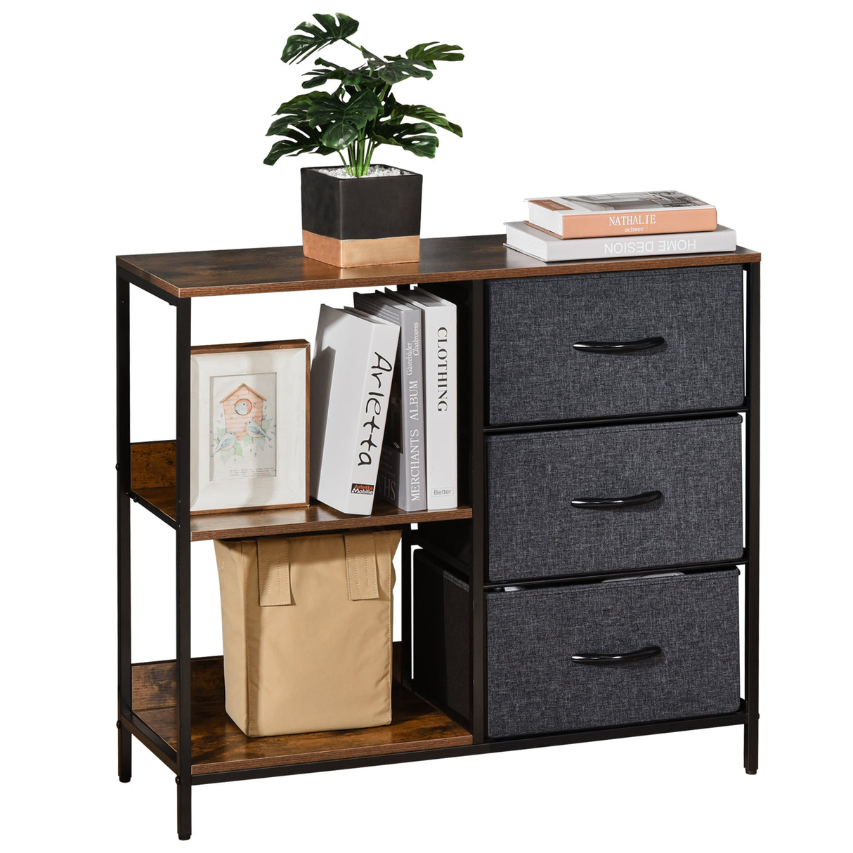 Wooden Chest Of 3 Fabric Drawers 80cm Wide With Steel Frame - Velmora