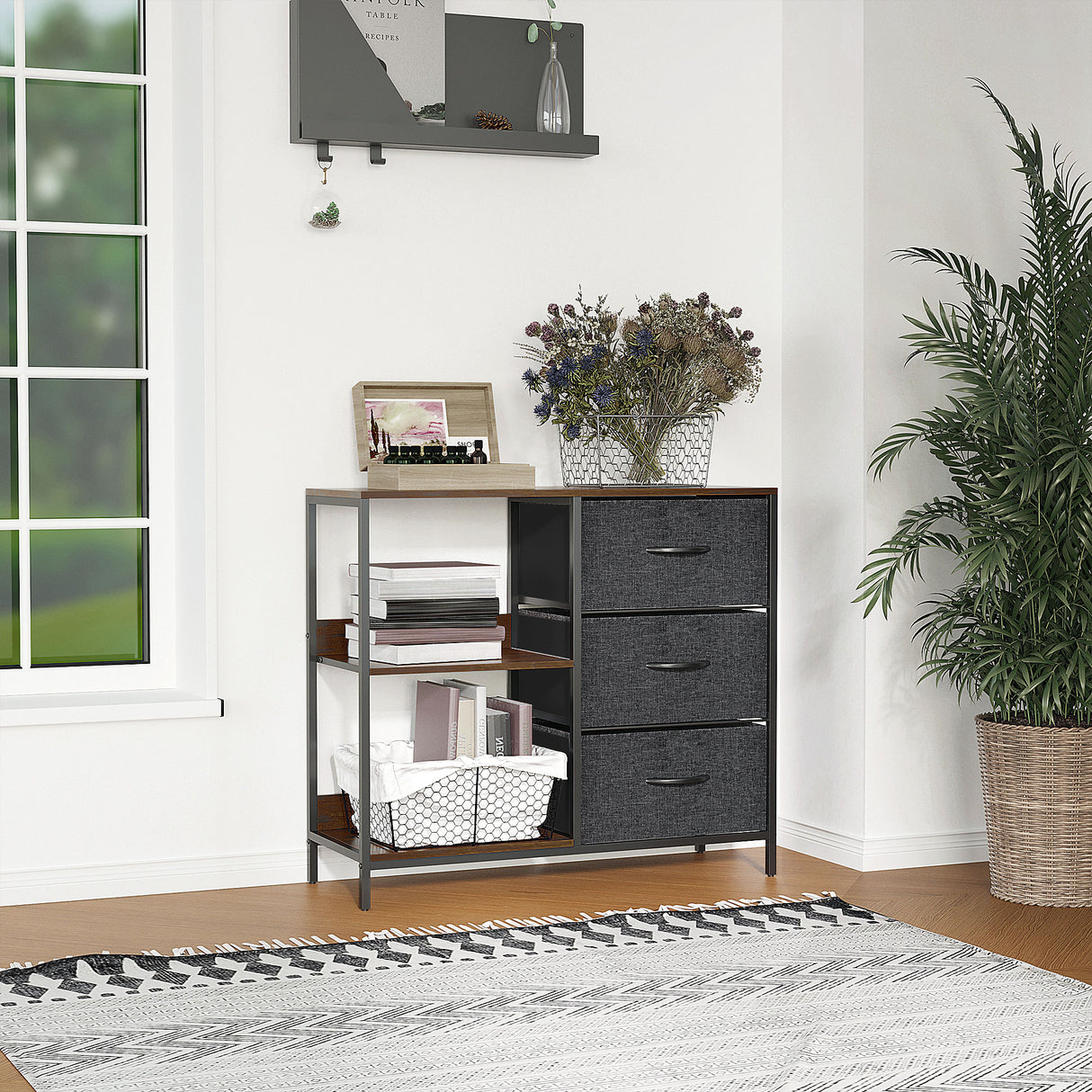 Wooden Chest Of 3 Fabric Drawers 80cm Wide With Steel Frame - Velmora