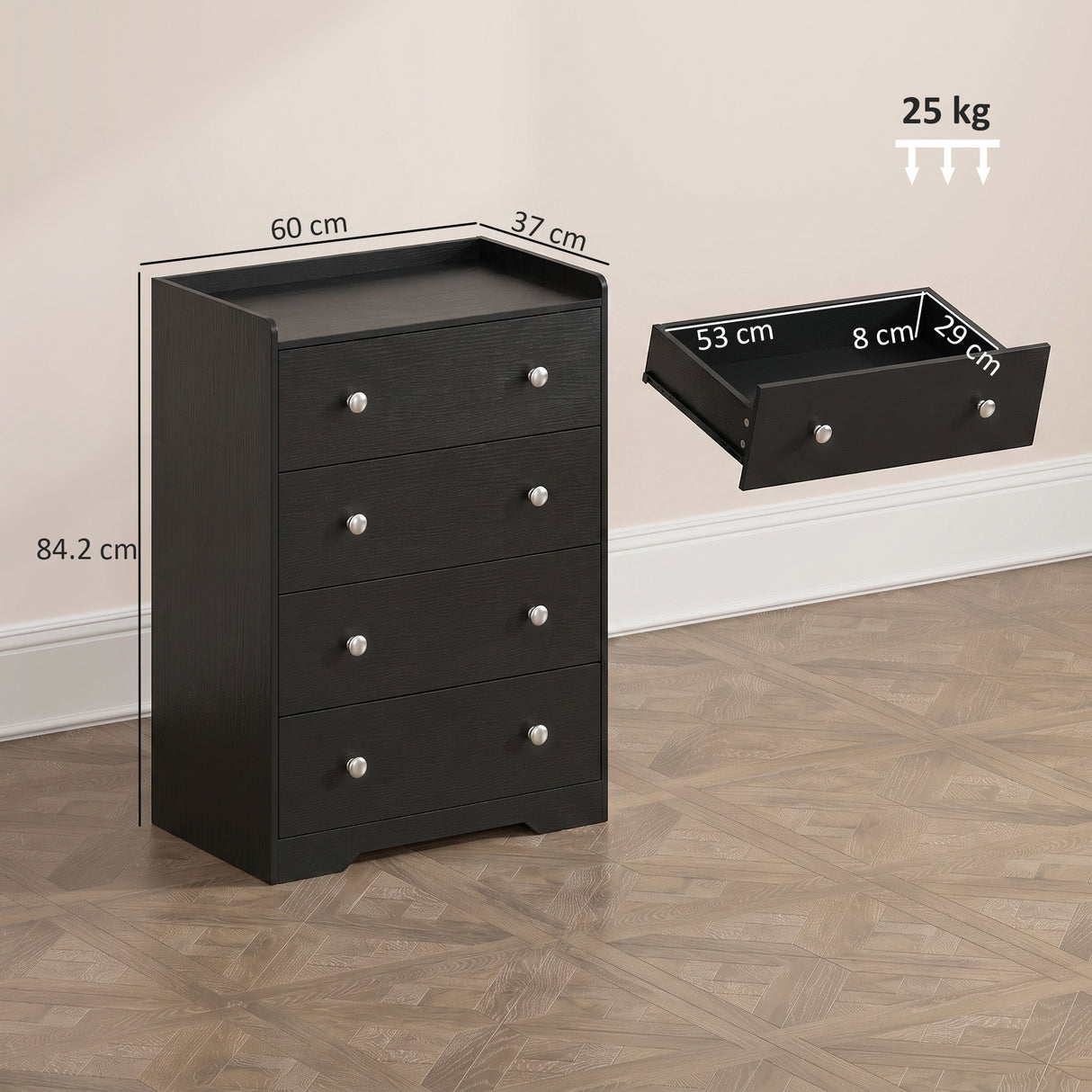 Wooden Chest Of 4 Drawers 60cm W x 37cm D - Velmora