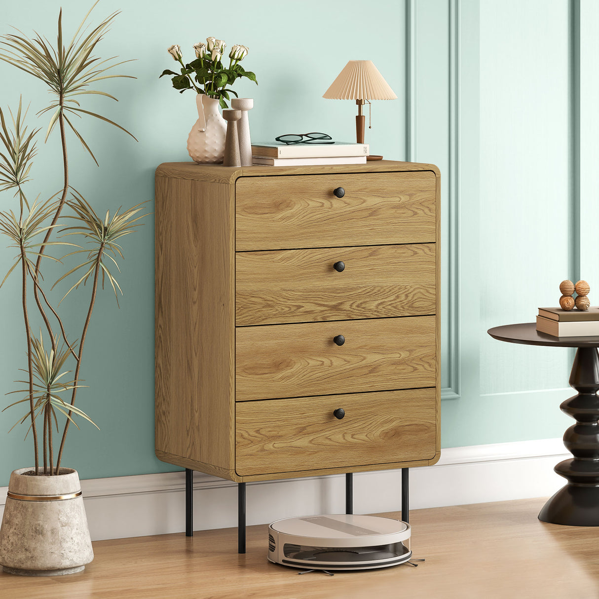 Wooden Chest Of 4 Drawers 60cm Wide With Black Metal Legs - Velmora